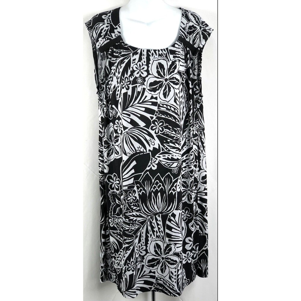 Vintage Retro Midi Dress XL blk/gray floral Tropical cap sleeve scoopneck Y2K
